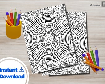 May include: Black and white printable coloring page featuring a circular maze design surrounded by leaves. The maze is intricate and detailed, with many paths and twists and turns. The leaves are simple and elegant, adding a touch of nature to the design.