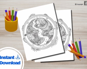 May include: A black and white printable coloring page featuring a circular design with a winding path, a waterfall, and a castle. The design is surrounded by flowers and leaves.