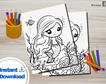 Kawaii Mermaid Coloring Sheet PDF | Cute Printable Coloring Book for Kids | Girls Party Activity | Instant Digital Printables | Drawing Page