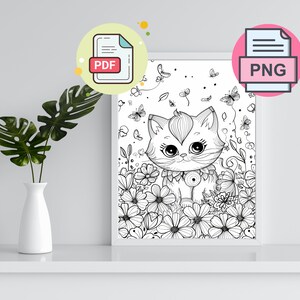 Kawaii Cat Coloring Sheet PDF | Cute Printable Coloring Book for Kids | Girls Party Activity | Instant Digital Printables | PNG Drawing Page
