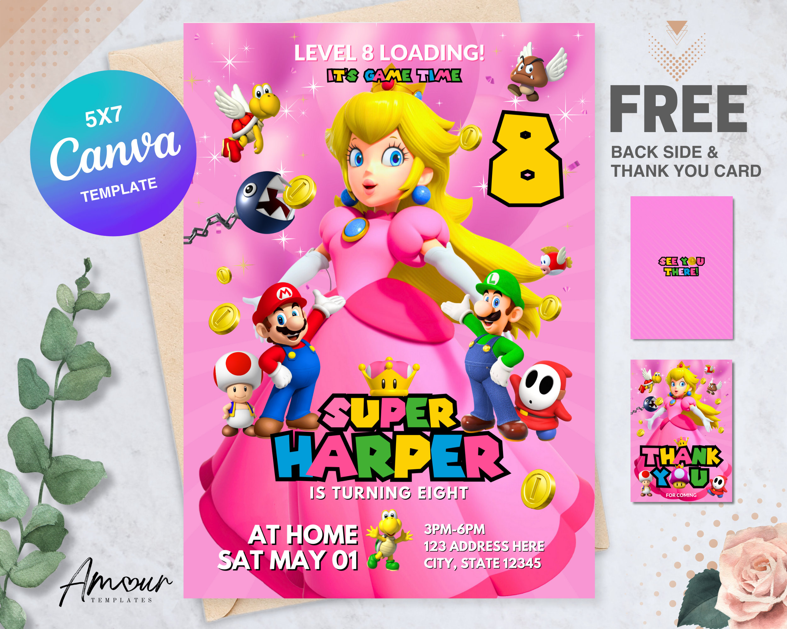 Mario Princess Peach Birthday Party Supplies, Pin the Sticker on the Party Game Poster, Mario Princess Peach Party Favors, Mario Princess Peach Party