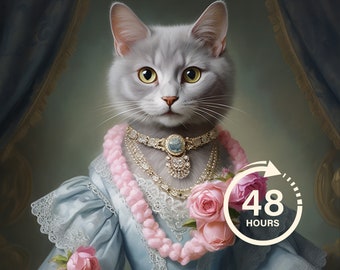 Retrato de gato real personalizado, pintura de gato renacentista, regalo de amantes de las mascotas, retrato real, regalo de retrato de mascota, pintura de animales, decoración de pared