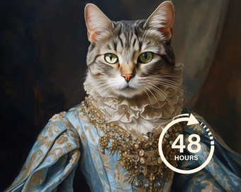 Portrait personnalisé de chat royal, peinture de chat de la Renaissance, cadeau pour amoureux des animaux de compagnie, portrait royal, cadeau portrait d'animal de compagnie, peinture animalière, décoration murale