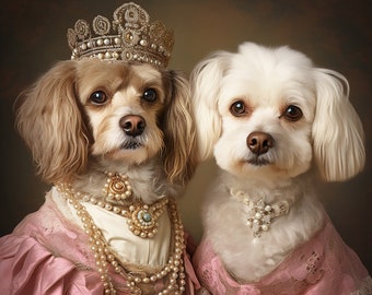 Custom Royal Pet Portrait, Two Dog Portrait, Renaissance Dog Painting, Royal Dog Portrait, Gift for Pets, Wall Art