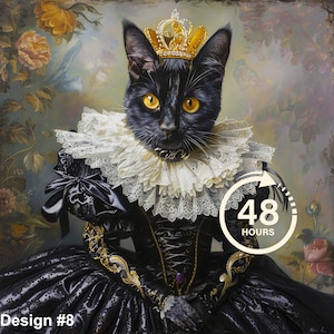 カスタム黒猫の肖像画、ゴシック猫、ペット愛好家へのギフト、ロイヤルポートレート、ハロウィーンの装飾、ペットのメモリアルギフト、ウォールアート