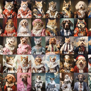 May include: A collection of portraits featuring cats and dogs dressed in various historical and contemporary outfits. The images showcase the animals in regal attire, business suits, and other themed costumes, creating a whimsical and artistic display.
