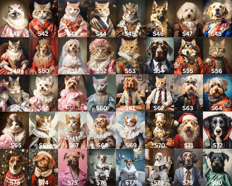 May include: A collection of portraits featuring cats and dogs dressed in various historical and contemporary outfits. The images showcase the animals in regal attire, business suits, and other themed costumes, creating a whimsical and artistic display.