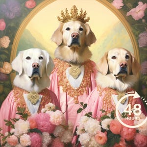 Multiple Pet Portrait Painting Canvas, Renaissance Dog Portrait, Royal Pet King Portrait Painting, Three Cats Portrait, Multi Pet Portrait