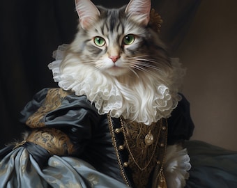 Portrait personnalisé de chat royal, peinture de chat de la Renaissance, cadeau pour amoureux des animaux de compagnie, portrait royal, cadeau portrait d'animal de compagnie, peinture animalière, décoration murale