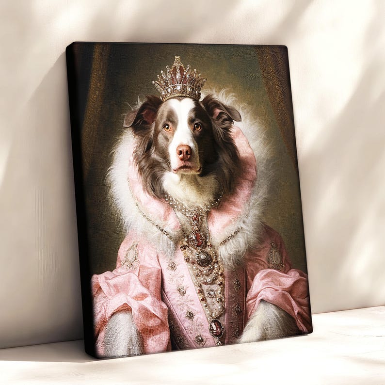 May include: A canvas print featuring a regal dog portrait. The dog, a Border Collie, is adorned with a gold crown, a pink and white fur-trimmed robe, and ornate jewelry. The artwork has a vintage, classical painting style.