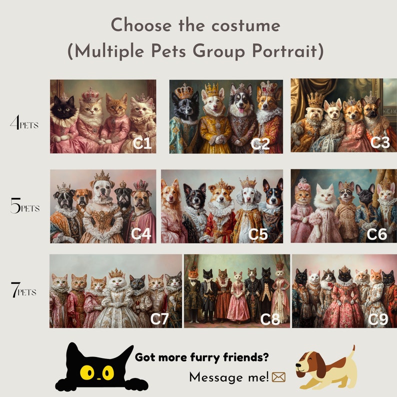 May include: A collage of nine images showing different costume options for a group portrait of pets. The images show various combinations of cats and dogs dressed in royal attire, with crowns and elaborate clothing. The images are labeled with the number of pets in each group, ranging from 4 to 7.