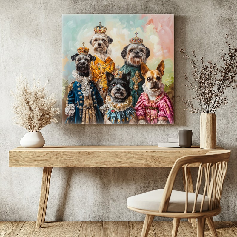 May include: A painting of five dogs dressed in royal attire. The dogs are wearing crowns and robes, and they are standing in front of a colorful background. The painting is framed and hanging on a wall.