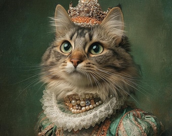 May include: A regal cat portrait. The cat wears a jeweled crown and a pearl-adorned collar over a green and orange dress. The cat has green eyes and a fluffy, striped coat. The background is a dark green.