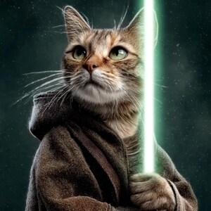Puede incluir: Un gato atigrado vestido con una túnica con capucha marrón, sosteniendo un sable de luz verde brillante. El gato tiene ojos verdes y una expresión concentrada, sobre un fondo oscuro y borroso. La imagen es una ilustración digital.