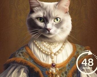 Retrato de gato real personalizado, pintura de gato renascentista, presente para amantes de animais de estimação, retrato de animal de estimação real, presente de retrato de animal de estimação, pintura de animal, decoração de parede