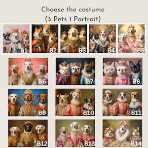 May include: A collage of 14 images showing different costume options for a pet portrait featuring three pets. Each image shows a different combination of royal-themed costumes for dogs and cats. The images are labeled B1 through B14.