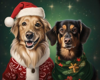 May include: Two dogs dressed for Christmas. One dog is wearing a Santa hat and red coat with white trim. The other dog is wearing a green scarf with Christmas decorations. The background is a dark green with stars.