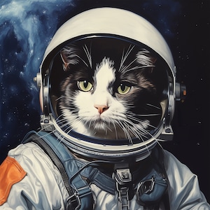Op de afbeelding: Een zwart-witte kat draagt een witte astronautenhelm tegen een donkerblauwe ruimteachtergrond.