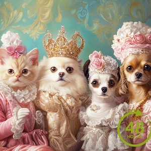 Multiple Pet Portrait Painting Canvas, Renaissance Dog Portrait, Royal Pet King Portrait Painting, Three Cats Portrait, Multi Pet Portrait