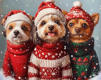 May include: Three dogs wearing festive red and green knit hats and sweaters. The dogs are a brown and white chihuahua, a brown and white terrier, and a white and brown terrier. The dogs are standing in front of a blue background with white snowflakes falling.