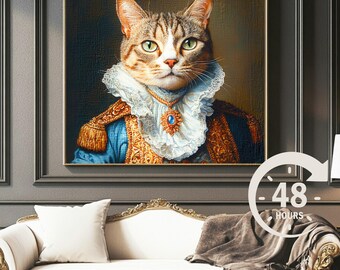 Retrato de gato real personalizado, pintura de cachorro real, retrato de animal de estimação, retrato de cachorro real, presente de tela de animal de estimação, arte de parede, retrato de animal de estimação renascentista