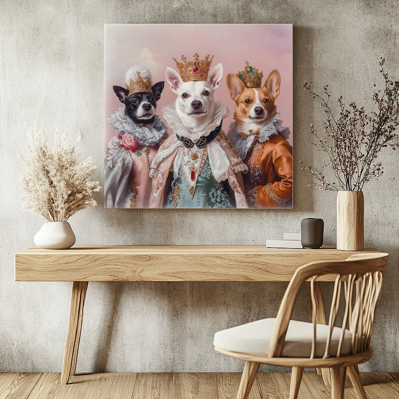May include: Three dogs dressed in royal attire with crowns on their heads. The dog on the left is black and white, the dog in the middle is white, and the dog on the right is brown and white. The dogs are standing in front of a pink background.