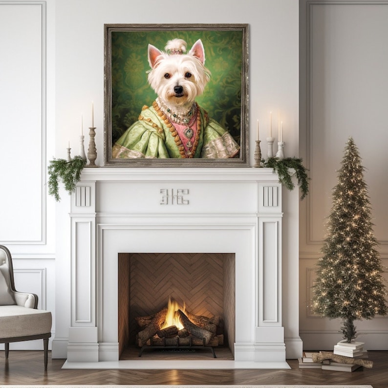 May include: A framed portrait of a white West Highland Terrier dog dressed in a green and pink period costume, adorned with jewelry. The portrait hangs above a white fireplace with a lit fire and a small Christmas tree.