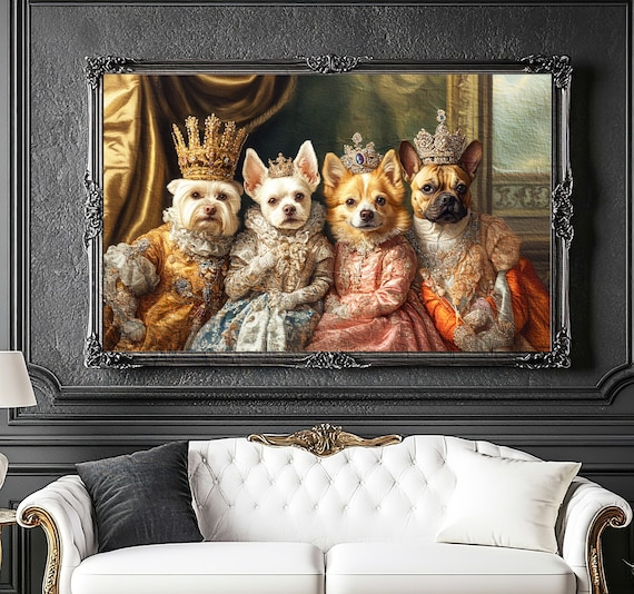 Multiple Pet Portrait Painting Canvas, Renaissance Dog Portrait, Royal Pet King Portrait Painting, Three Cats Portrait