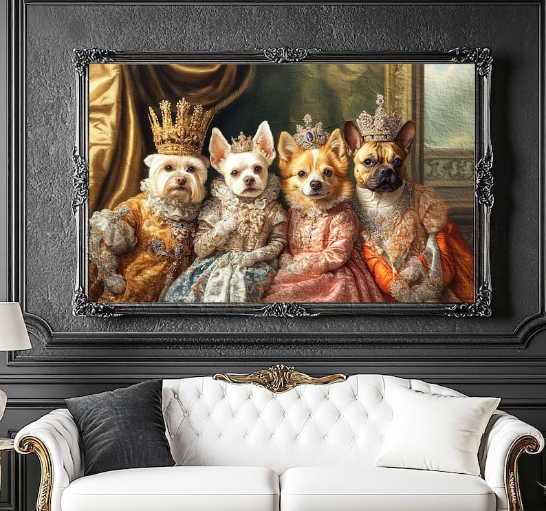 May include: A painting of four dogs dressed in royal attire. The dogs are wearing crowns and robes, and they are standing in front of a gold and red background. The painting is framed in a black frame.