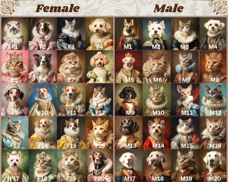 May include: A collection of portraits of pets, including dogs and cats, dressed in regal attire. The portraits are divided into two sections, labeled "Female" and "Male", and feature various breeds and colors.