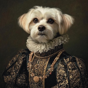 May include: A regal portrait of a small, fluffy dog with cream-colored fur. The dog is dressed in a dark blue and gold embroidered gown with a lace collar and pearl necklaces, reminiscent of Renaissance-era attire.