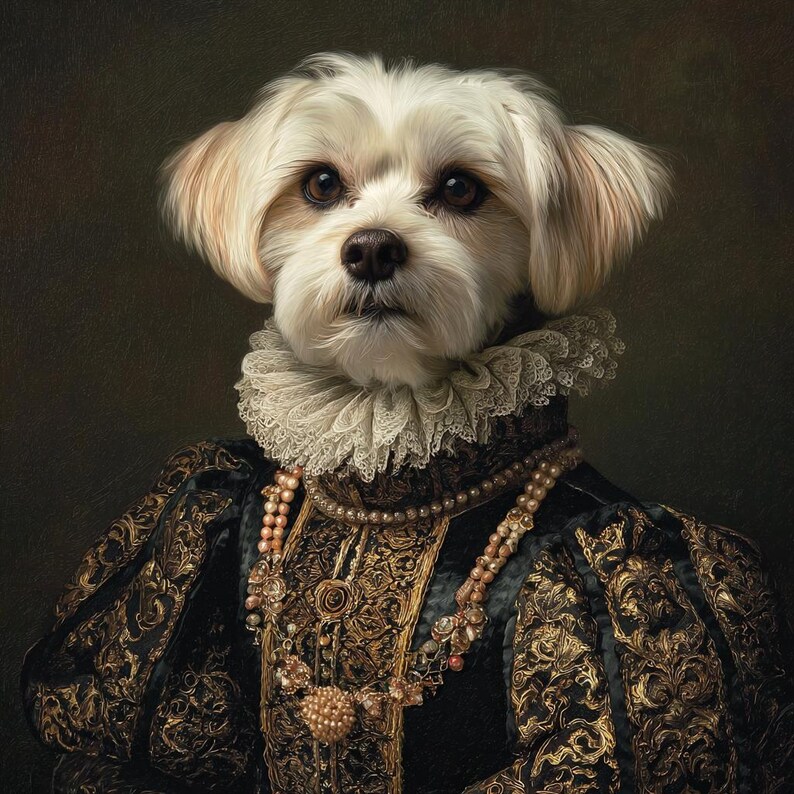 May include: A regal portrait of a small, fluffy dog with cream-colored fur. The dog is dressed in a dark blue and gold embroidered gown with a lace collar and pearl necklaces, reminiscent of Renaissance-era attire.