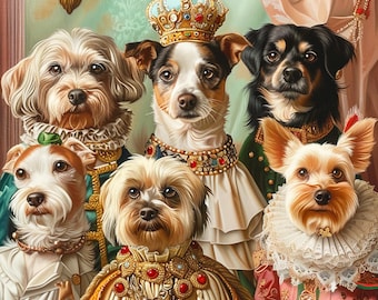 Multiple Pet Portrait Painting Canvas, Renaissance Dog Portrait, Royal Pet King Portrait Painting, Three Cats Portrait, Multi Pet Portrait