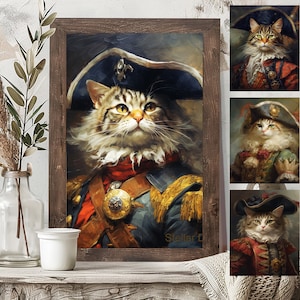 May include: A digital painting of three cats dressed in historical military uniforms. The cats are wearing hats, jackets, and sashes. The painting is in a rustic wooden frame.
