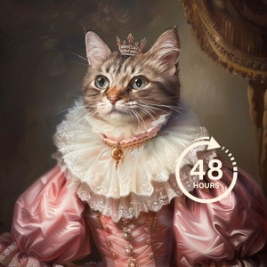 May include: A portrait of a cat wearing a pink dress, a white lace collar, and a gold crown. The cat is looking to the right of the image. The background is a dark brown colour. The image includes the text "48 HOURS".