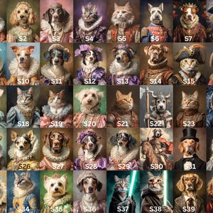 May include: A grid of 40 portraits of cats and dogs dressed in historical costumes. Each portrait is labeled with an "S" followed by a number. The animals are depicted in various outfits, including military uniforms, royal attire, and space suits.