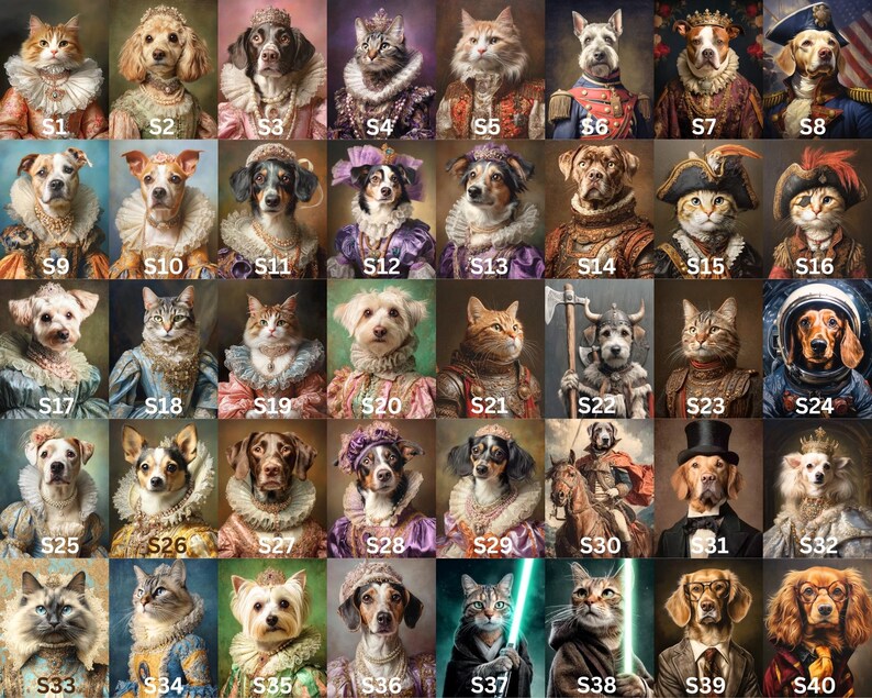 May include: A grid of 40 portraits of cats and dogs dressed in historical costumes. Each portrait is labeled with an "S" followed by a number. The animals are depicted in various outfits, including military uniforms, royal attire, and space suits.