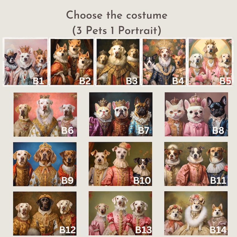 May include: A selection of portraits featuring pets dressed in regal costumes. The images are labeled B1 through B14, and the text at the top reads "Choose the costume (3 Pets 1 Portrait)". The portraits showcase dogs and cats in various royal attire.