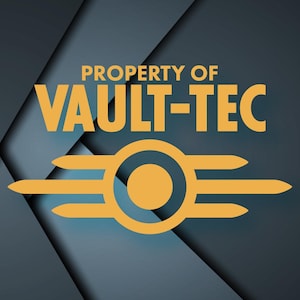 May include: A graphic design featuring the text "PROPERTY OF VAULT-TEC" in a bold, orange font. Below the text is an orange emblem with a circle and three horizontal lines on each side, set against a dark blue and gray geometric background.