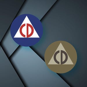 May include: Two circular logos with a triangle and the letters "CD" inside. One logo is blue with a white triangle and red letters. The other is brown with a tan triangle and brown letters. The background is a dark blue geometric design.