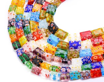 32 Multi Color Rectangular Floral Millefiori Loose Stained Glass Beads DIY Craft Jewelry Making Earring Necklace Bracelet Mixed Bulk Rainbow