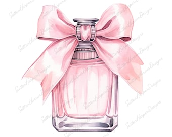 May include: A pink glass perfume bottle with a large pink bow. The bottle has a square shape and a clear glass stopper. The bow is tied around the neck of the bottle and has a large, flowing ribbon.