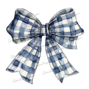 Navy Blue Gingham Bow PNG illustration, Navy blue gingham ribbon bow watercolor illustration png design, coquette bow png, blue bow png