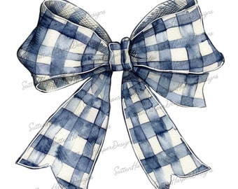 Navy Blue Gingham Bow PNG illustration, Navy blue gingham ribbon bow watercolor illustration png design, coquette bow png, blue bow png