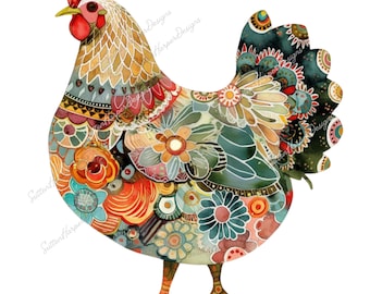 Whimsical Colorful Boho Chicken Illustration PNG, Chicken Hen Lover PNG t shirt design, chicken design png, beautiful chickens pngs