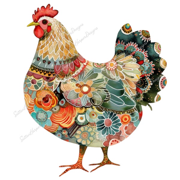 Whimsical Colorful Boho Chicken Illustration PNG, Chicken Hen Lover PNG t shirt design, chicken design png, beautiful chickens pngs