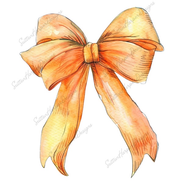 Orange Coquette Bow PNG, Orange Bow Sketch Watercolor Illustration png, coquette ribbon png, trending bow png, orange ribbon png, pngs