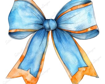 Beautiful Blue Bow with Orange Outline illustration PNG, Blue and Orange Bow png, Coquette ribbon bow png, blue and orange png, trendy png
