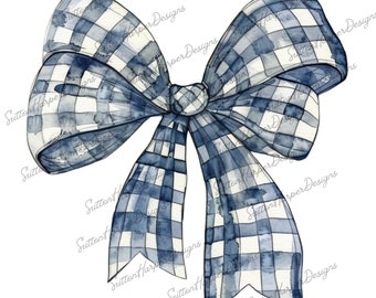 Navy Blue Gingham Ribbon Bow PNG watercolor illustration, navy blue bow clipart png, gingham bow png, blue coquette bow png, coquette png