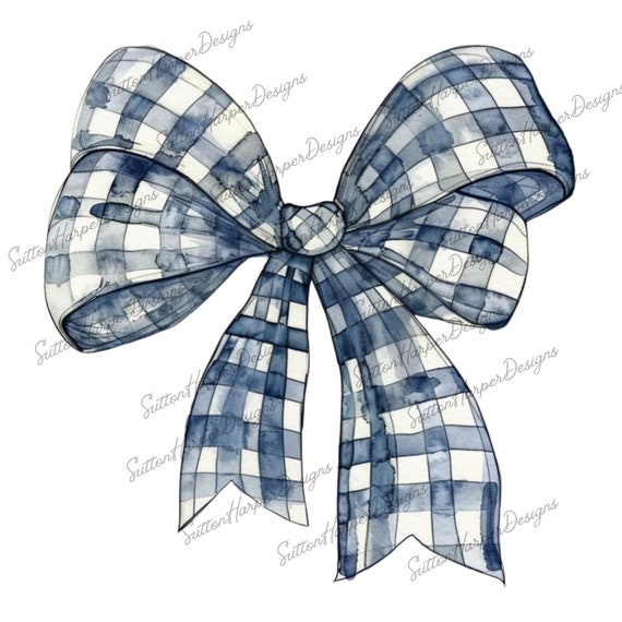 Navy Blue Gingham Ribbon Bow PNG watercolor illustration, navy blue bow clipart png, gingham bow png, blue coquette bow png, coquette png
